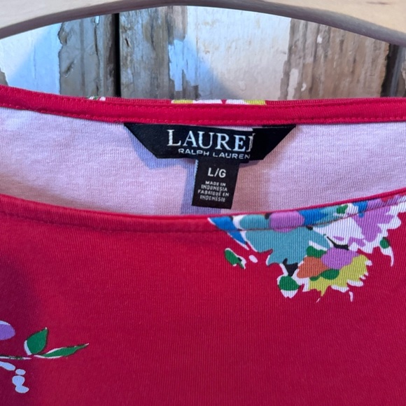 Lauren Ralph Lauren Boatneck Tee Size Large Red with Flowers Short Sleeve - Picture 3 of 7
